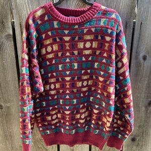 Men's TSR Multicolor Sweater Grandpa Core Geometric M Tight Knit Stretch Winter